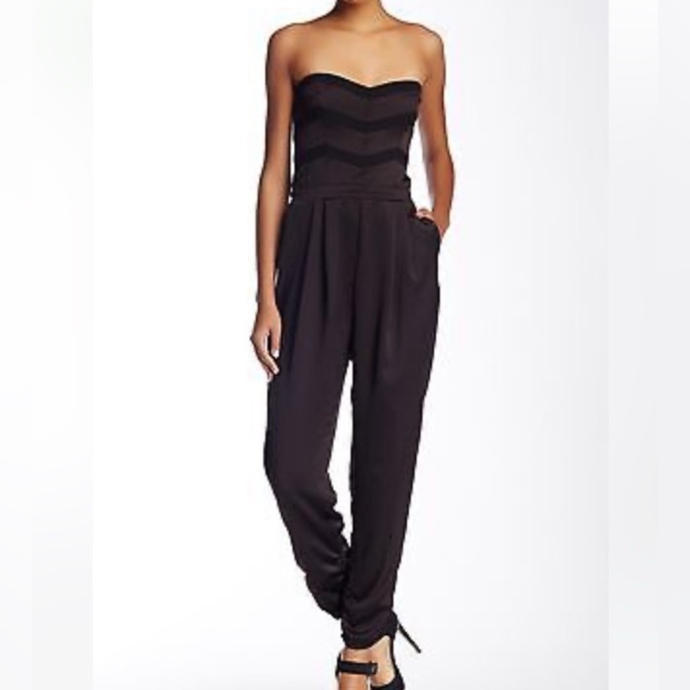 PARKER Chevron Bodice Strapless Satin Jumpsuit Black Sz Small